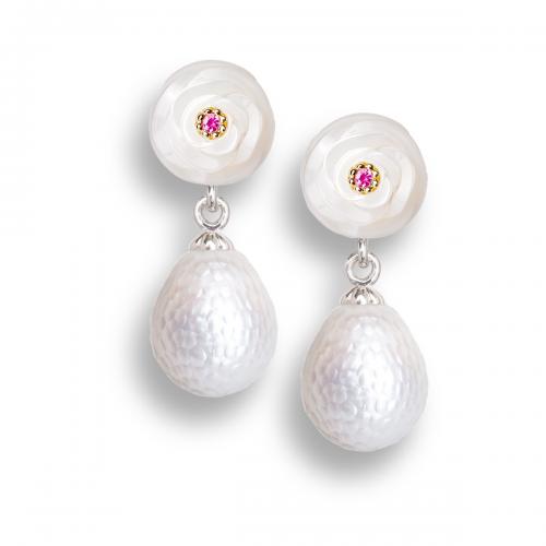 NFC Jewelry by Galatea: Momento Rose Hand-carved Freshwater Pearl Earrings with NFC for Iphone 7 and newer
